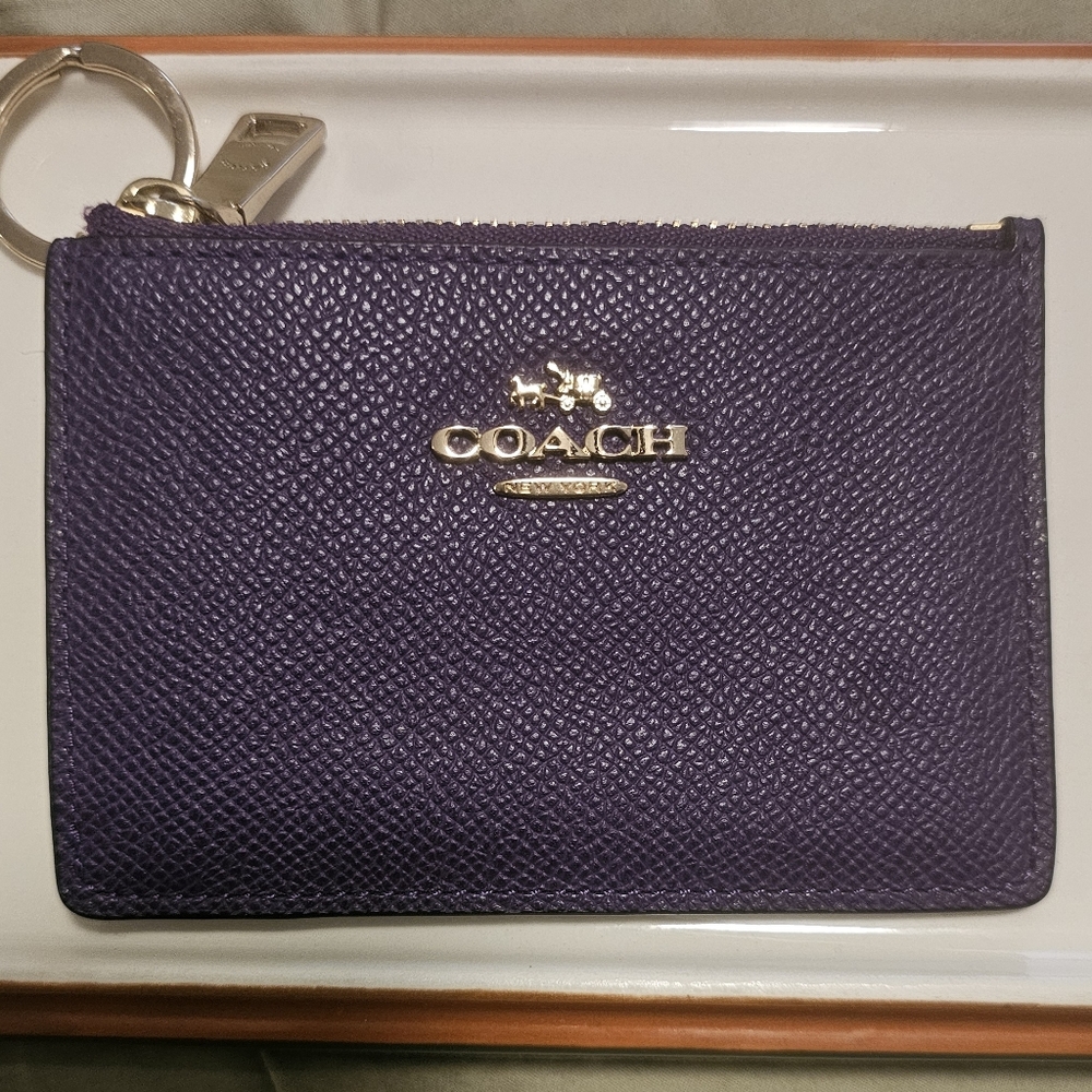 COACH Purple Saffiano Leather Zip Card Case with Key Ring